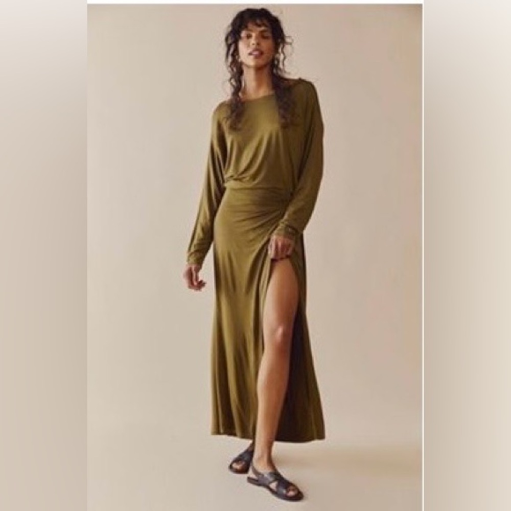 Free People Olive Green Long Sleeve Midi Dress with Side Slit
